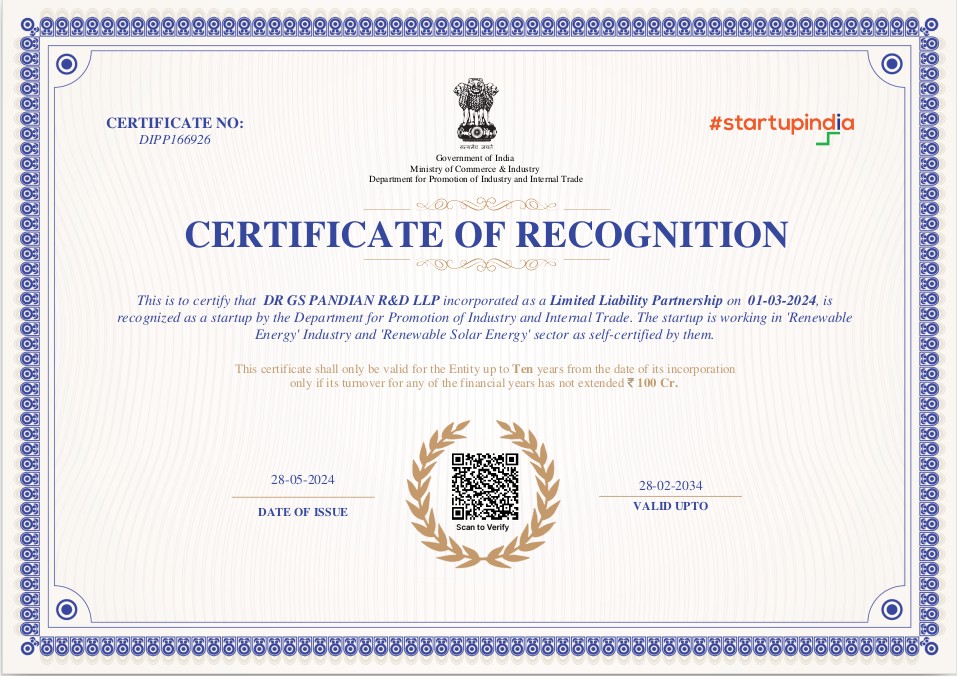 The certificate from Government of India recognizing DR GS PANDIAN R&D LLP means that there will be support from Government of India including the seed Funding.